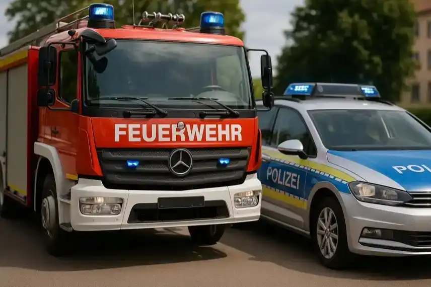 Feuerwehr und Polizei – Einsatzfahrzeuge nebeneinander, Darstellung zur Brandserie in Anhalt-Bitterfeld, fotorealistisch nachgestellt.