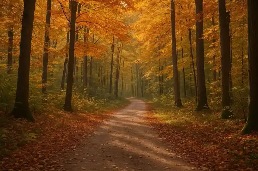 Herbstlicher Waldweg im Harz mit bunten Blättern, Symbolbild für Herbstferien 2025 im Harz.