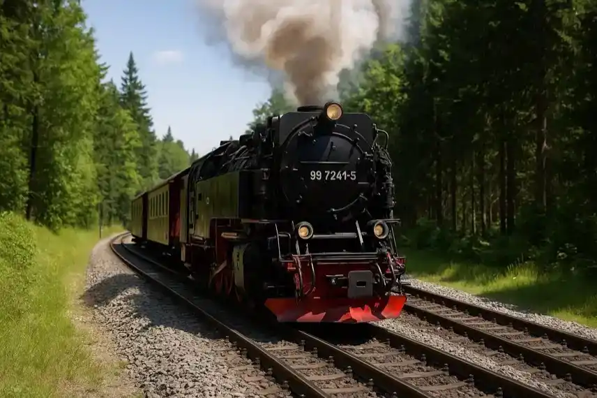 Harzer Schmalspurbahnen Symbolbild – fotorealistische Dampflok fährt durch den Harz, Darstellung zur Illustration der Ticketpreis-Erhöhung 2025.