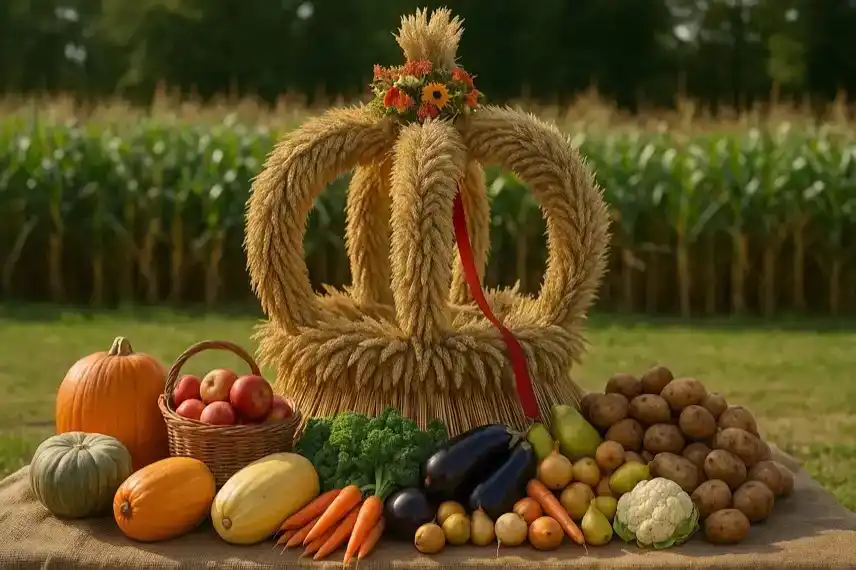 Symbolbild Erntedankfest 2025 im Harz mit Erntekrone, Kürbissen, Äpfeln, Kartoffeln und Gemüse vor einem Feld im Hintergrund.