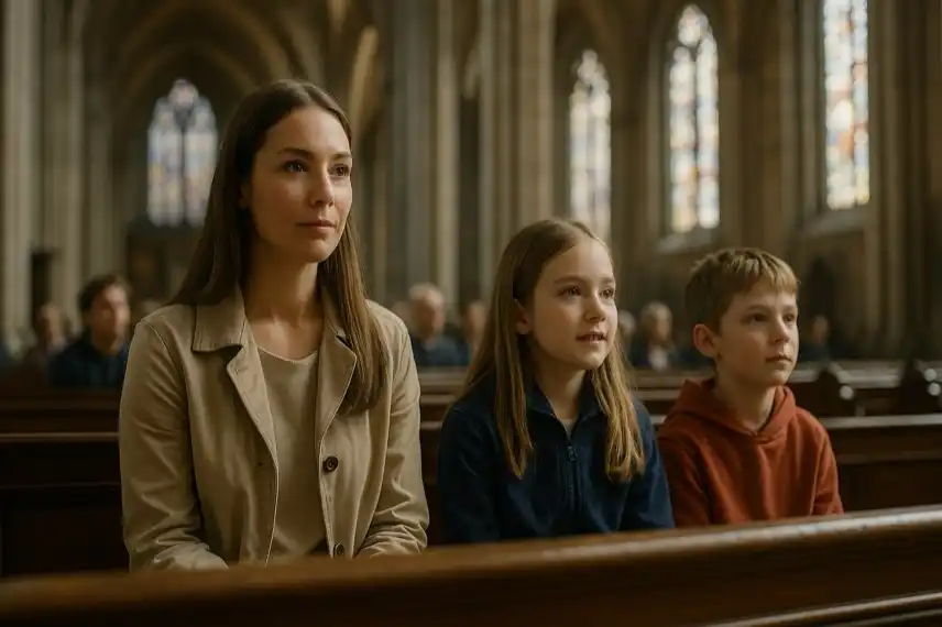Familie in historischer Kirche
