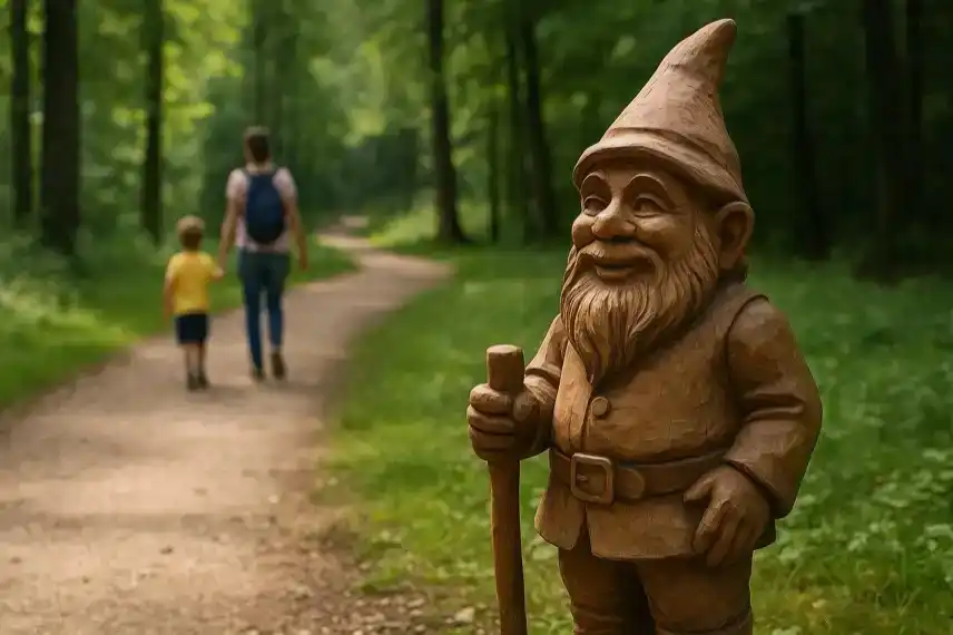 Holzfigur eines Zwerges an einem Waldweg im Harz, Symbolbild für den neuen Erlebniswanderweg Zwergenpfad in Bad Lauterberg.
