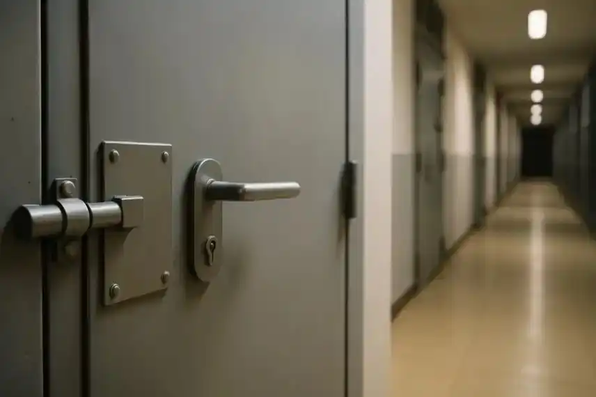 Gefängnistür im Korridor einer Justizvollzugsanstalt als Symbolbild zum Fall „Liebeszelle“ in der JVA Burg, Ehemann wegen Totschlags angeklagt.