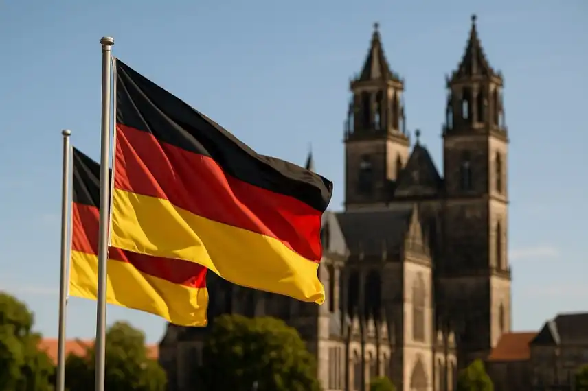 Deutsche Flaggen wehen vor dem Magdeburger Dom – Symbolbild zu Migration und Politik in Sachsen-Anhalt 2026.