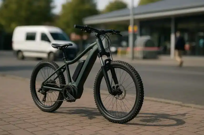 Symbolfoto eines dunkelgrünen E-Mountainbikes auf einem Gehweg in Bad Harzburg, verwendet als Symbolbild zu einem Artikel über Fahrraddiebstähle im Harz.