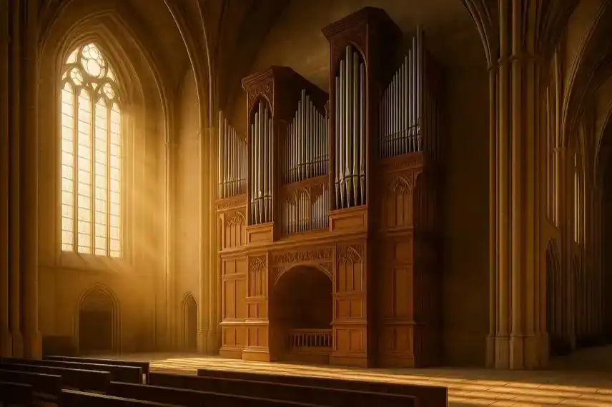Innenraum eines Doms mit großer hölzerner Orgel, durchflutet von warmem Sonnenlicht, mit klarer Tiefenschärfe und natürlicher Ausleuchtung.