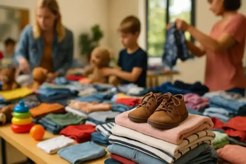Tisch mit gestapelter Kinderkleidung, braunen Kinderschuhen und unscharfen Personen im Hintergrund auf einem hell beleuchteten Flohmarkt.