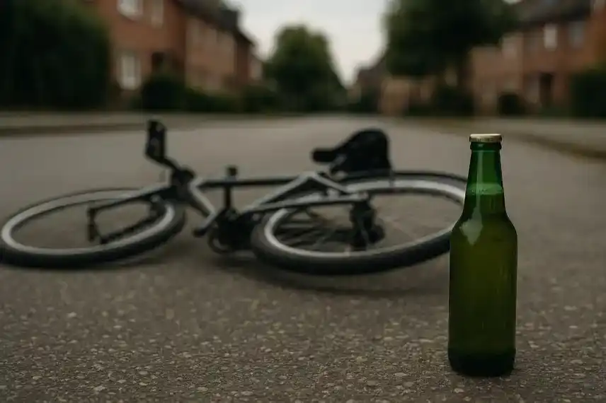 Umgestürztes Fahrrad auf einer Straße mit einer Bierflasche im Vordergrund, unscharfer Hintergrund mit Häusern.