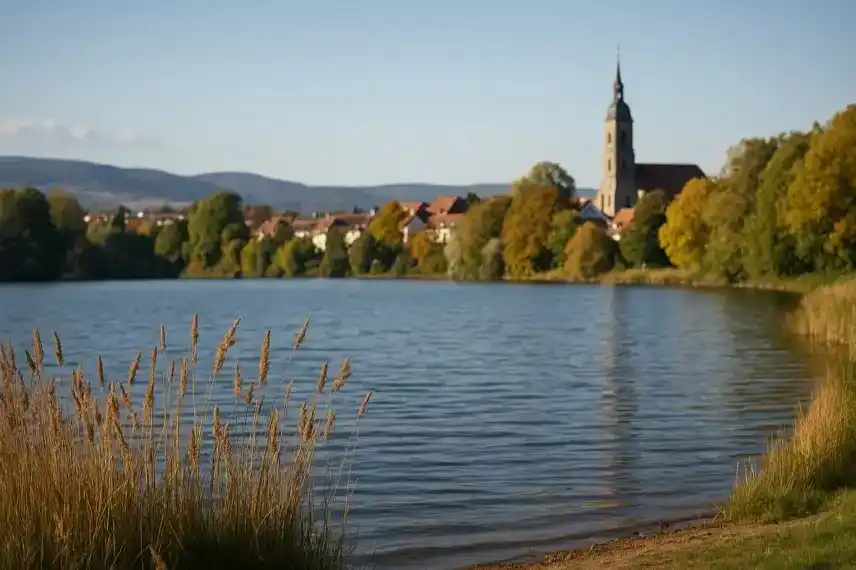 Fotorealistischer Blick über einen See mit Schilf im Vordergrund und einer Stadt mit Kirchturm im Hintergrund bei warmem Sonnenlicht.