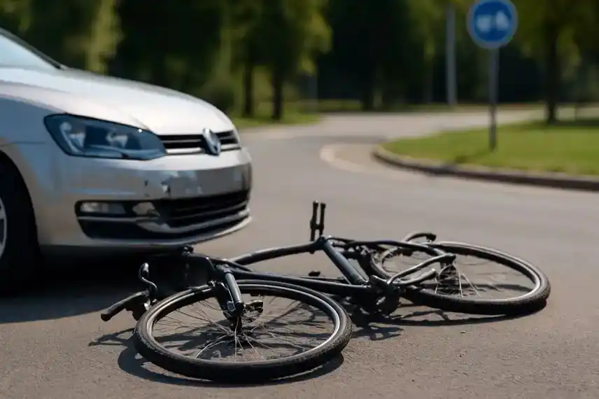 Ein Fahrrad liegt beschädigt auf der Straße vor einem silbernen Auto in einem Kreisverkehr bei Tageslicht.
