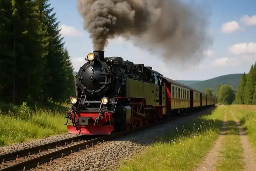 Historische schwarze Dampflok mit rotem Fahrgestell fährt auf Gleisen durch eine grüne Waldlandschaft im Harz bei sonnigem Wetter.