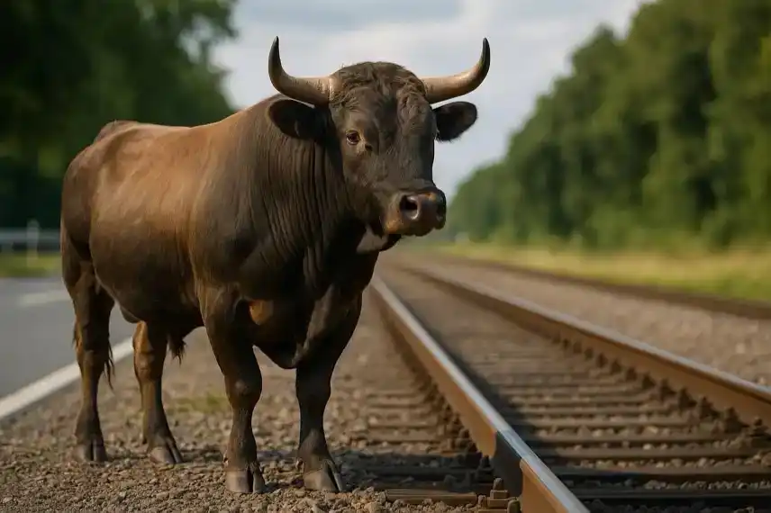 Ein brauner Stier steht neben Bahngleisen auf einer Landstrecke, im Hintergrund grüne Bäume und sommerliches Licht.