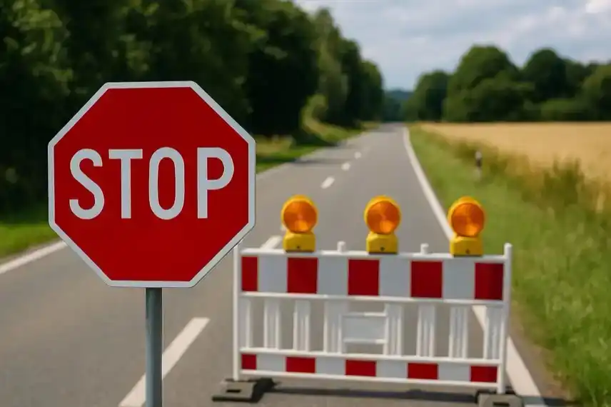 Rotes Stoppschild und Absperrbake auf einer sonnigen Landstraße, im Hintergrund Bäume und Felder.