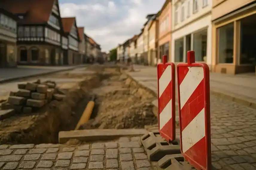 Baustelle auf einem gepflasterten Platz mit roten Warnbaken und historischen Gebäuden im Hintergrund, bei hellem Tageslicht.