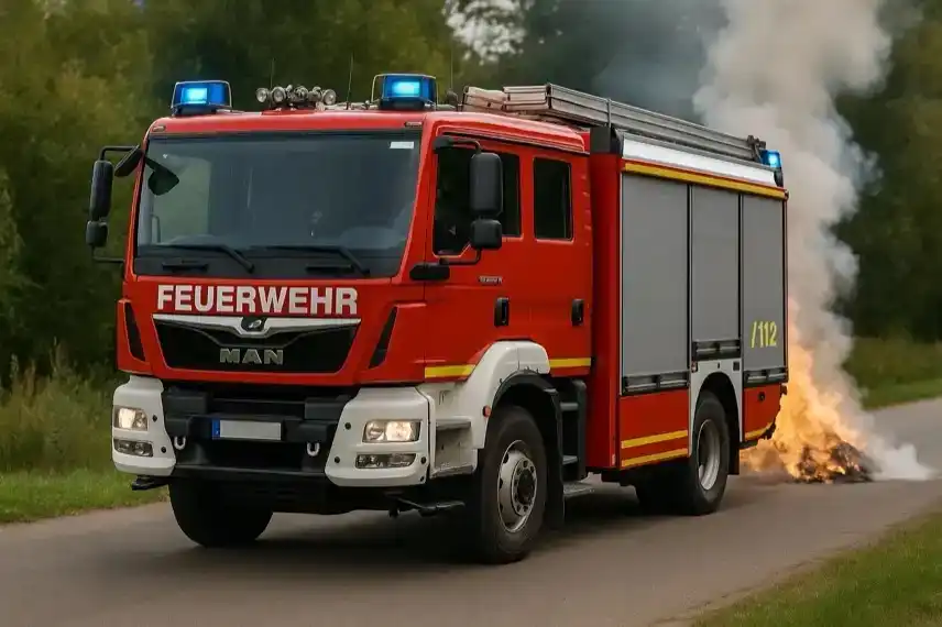 Rotes Feuerwehrfahrzeug mit eingeschaltetem Blaulicht auf einer Landstraße, im Hintergrund leichter Rauch und Waldgebiet im Harz.