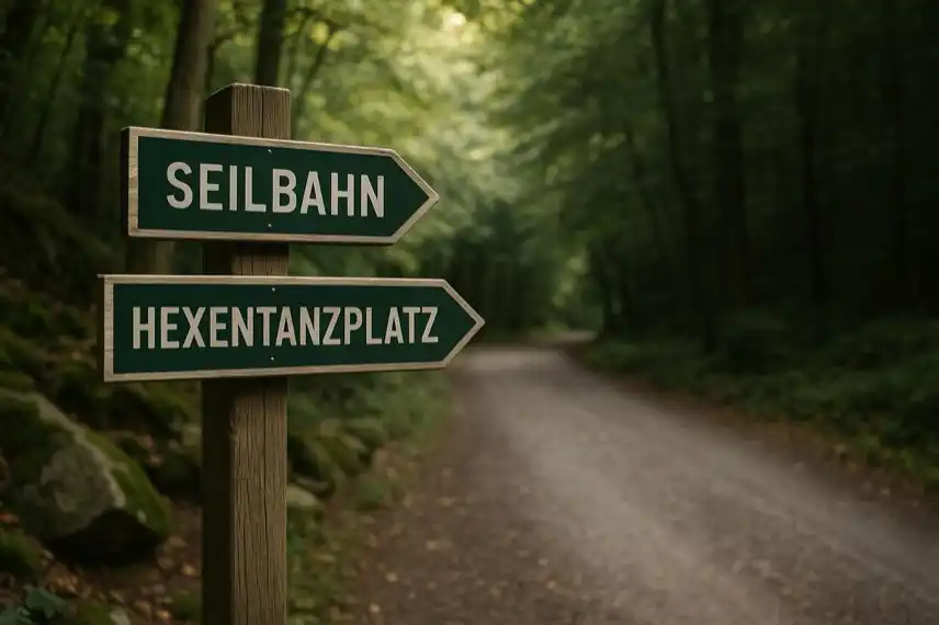 Holzpfosten mit zwei grünen Wegweisern im Wald, die zur Seilbahn und zum Hexentanzplatz zeigen, auf einem Pfad im Bodetal bei Thale.