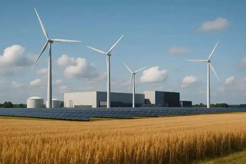 Windräder und Solarfelder vor moderner Industriehalle in weiter Landschaft unter blauem Himmel.