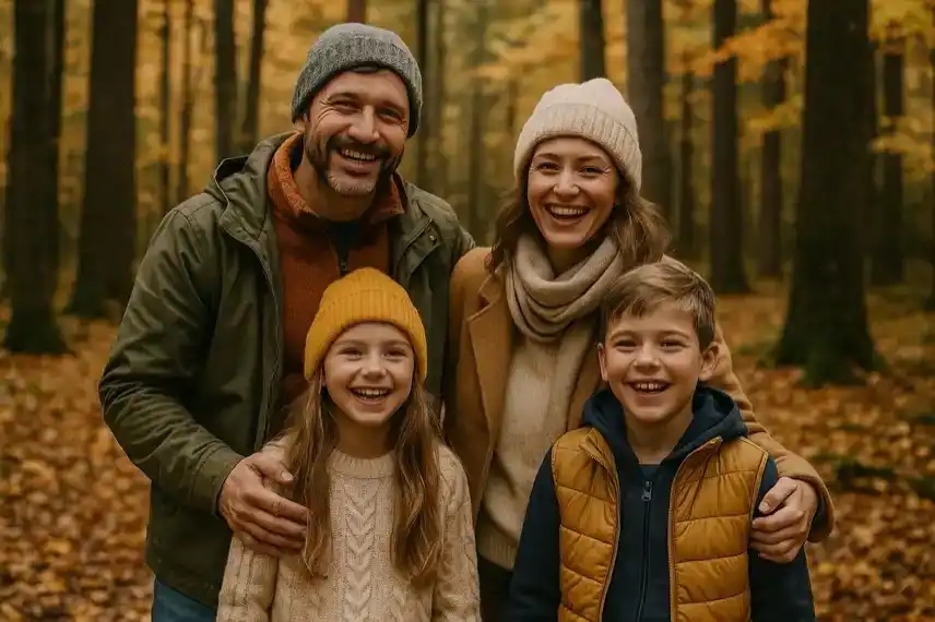 Lachende Familie mit zwei Kindern steht in einem herbstlichen Wald, umgeben von bunten Bäumen.