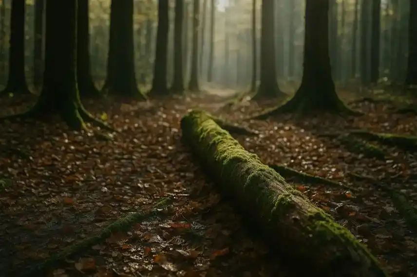 Moosbedeckter Baumstamm in einem herbstlichen Wald mit Sonnenlicht und klarer Tiefenschärfe.