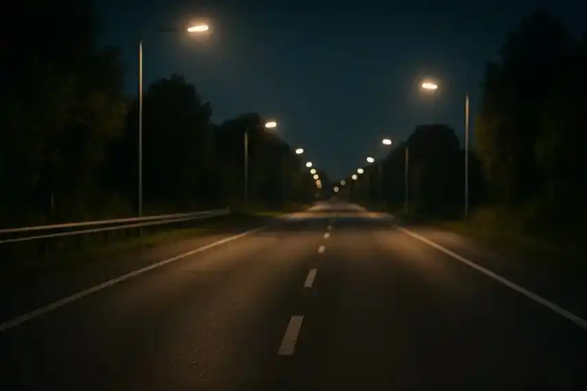 Nächtliche Verkehrskontrolle auf Landstraße mit Polizeiauto, Blaulicht und Beamten in Warnwesten, fotografiert mit Tiefenschärfe und natürlicher Beleuchtung.