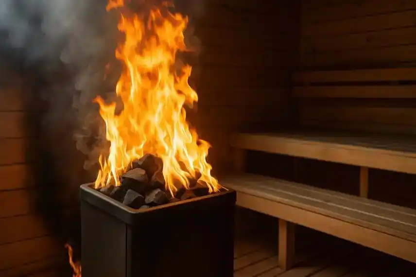 Brennender Saunaofen in einem hölzernen Saunaraum mit Rauchentwicklung und Flammen.