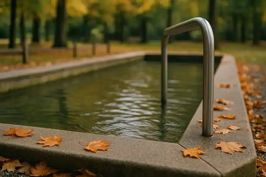 Flaches Wassertretbecken im Park, Edelstahlhandlauf im Vordergrund, glatte Steinränder, Herbstlaub auf dem Rand, unscharfe Bäume im Hintergrund.