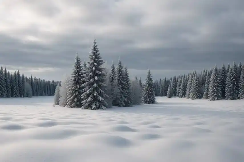 Verschneiter Wald im Harz mit Tannenbäumen und weichem Sonnenlicht an einem frostigen Wintermorgen.