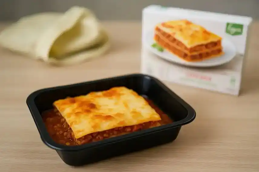 Schwarze Schale mit einer Portion Lasagne auf einem Holztisch, im Hintergrund unscharfe Verpackung und Stoffbeutel.