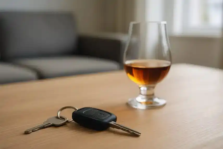 Autoschlüssel und Glas mit braunem Alkohol auf einem Holztisch, im Hintergrund ein unscharfes Sofa.