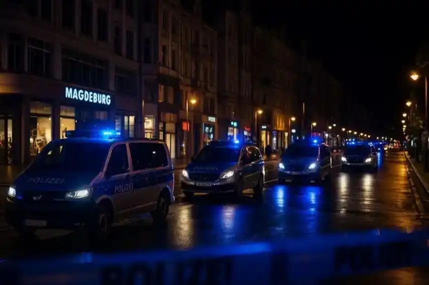 Mehrere deutsche Polizeifahrzeuge mit Blaulicht parken nachts auf einer nassen Innenstadtstraße in Magdeburg, im Hintergrund leuchten Gebäude.