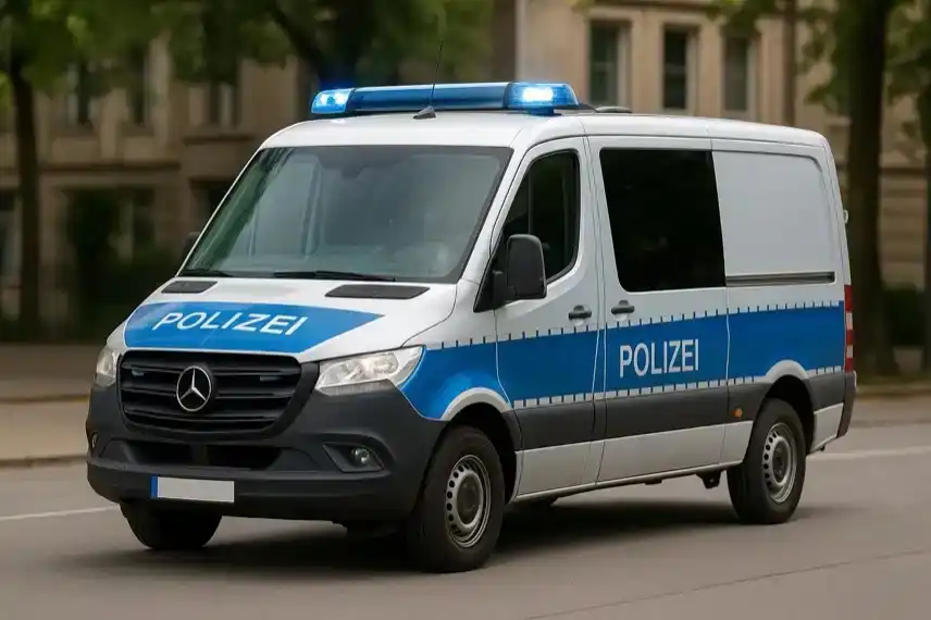 Deutscher Polizeibus mit blauer Beschriftung „Polizei“ steht auf einer Straße, fotografiert bei Tageslicht mit unscharfem Hintergrund.