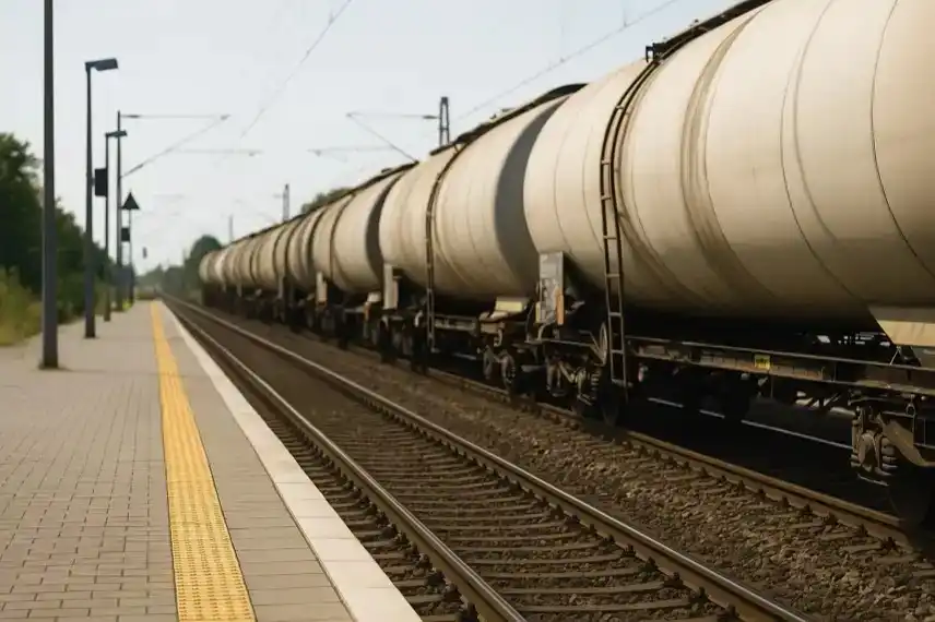 Bahngleise mit vorbeifahrendem Güterzug an einem leeren Bahnsteig bei Tageslicht.