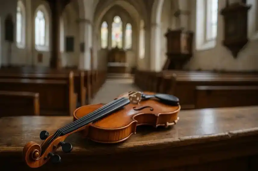 Violine auf einer hölzernen Kirchenbank in einer hellen Kirche mit unscharfem Altar im Hintergrund.