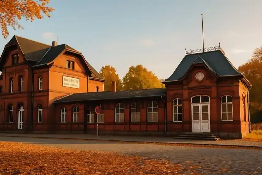 Historischer Backsteinbahnhof mit Schriftzug „Schlossbahnhof Ballenstedt“, umgeben von herbstlicher Landschaft und blauem Himmel.