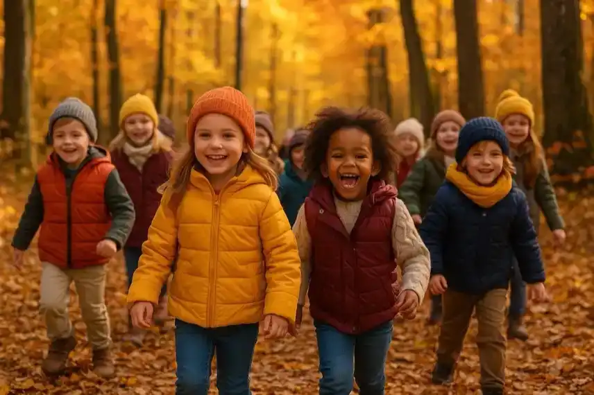 Gruppe fröhlicher Kinder läuft durch einen herbstlichen Wald mit buntem Laub und warmem Sonnenlicht.