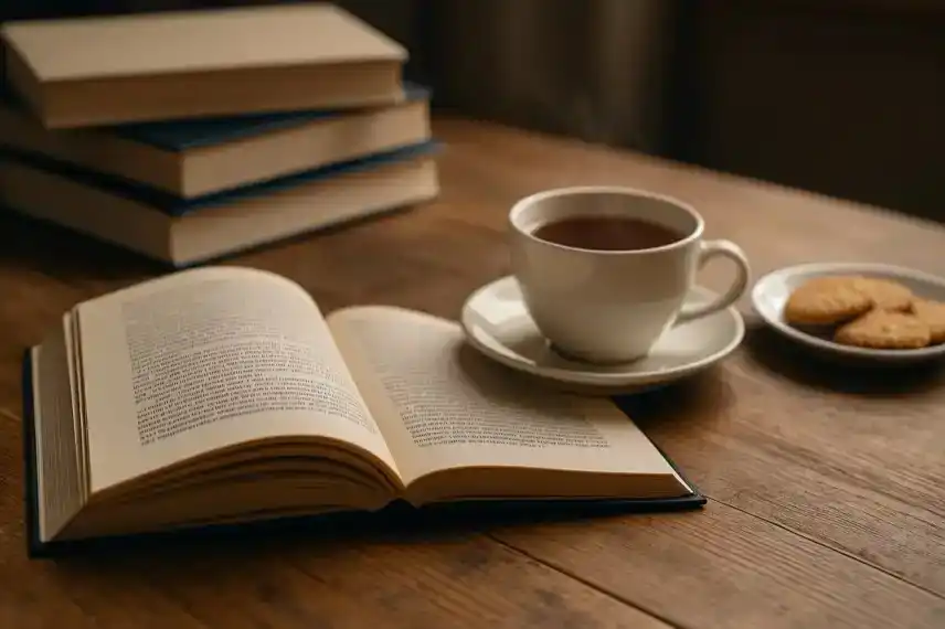 Offenes Buch mit einer Tasse Tee und Keksen auf einem Holztisch in warmem Licht.