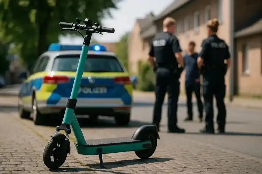 E-Scooter auf einer Kopfsteinpflasterstraße mit unscharfem Polizeiwagen im Hintergrund bei Tageslicht.