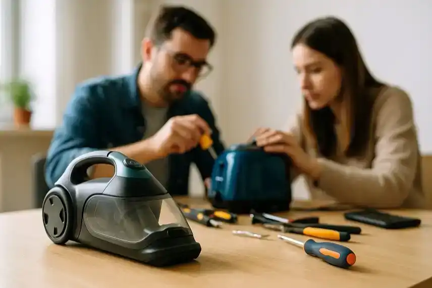 Nahaufnahme eines Tisches mit Werkzeugen, einem kleinen Staubsauger und zwei Personen im Hintergrund, die gemeinsam ein Gerät reparieren.