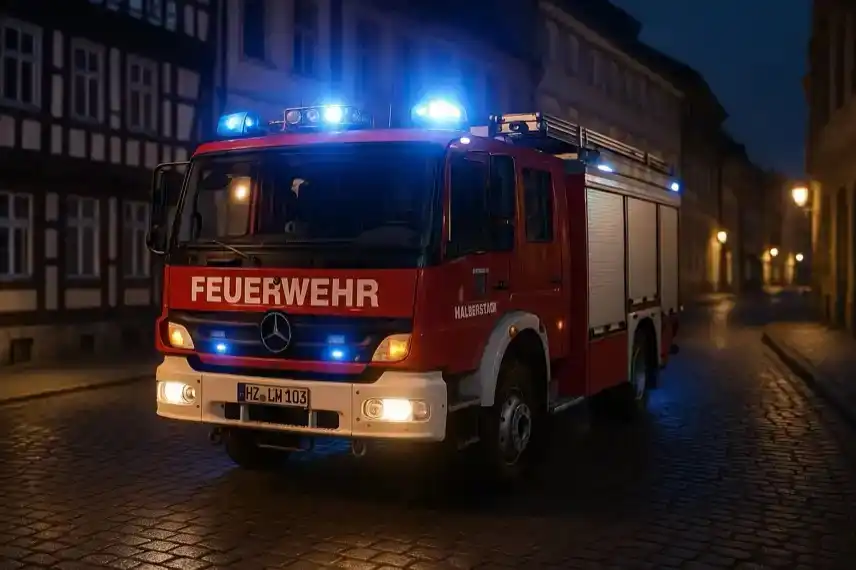 Feuerwehrauto mit eingeschaltetem Blaulicht auf einer gepflasterten Straße bei Nacht, umgeben von historischen Gebäuden.