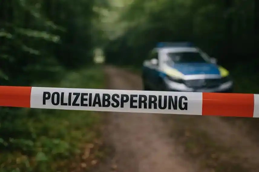 Polizeiabsperrband mit der Aufschrift „Polizeiabsperrung“ vor einem Waldweg und einem unscharfen Polizeifahrzeug im Hintergrund.