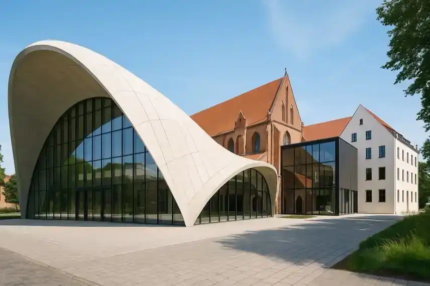 Modern trifft Historisch: Symbolbild zeigt zeitgenössische Architektur in Sachsen-Anhalt. Das Foto ist eine nachgestellte, fotorealistische Darstellung.