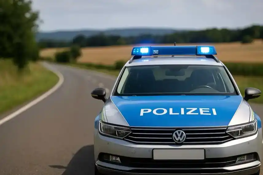 Deutsches Polizeifahrzeug mit eingeschaltetem Blaulicht auf einer Landstraße im ländlichen Gebiet.