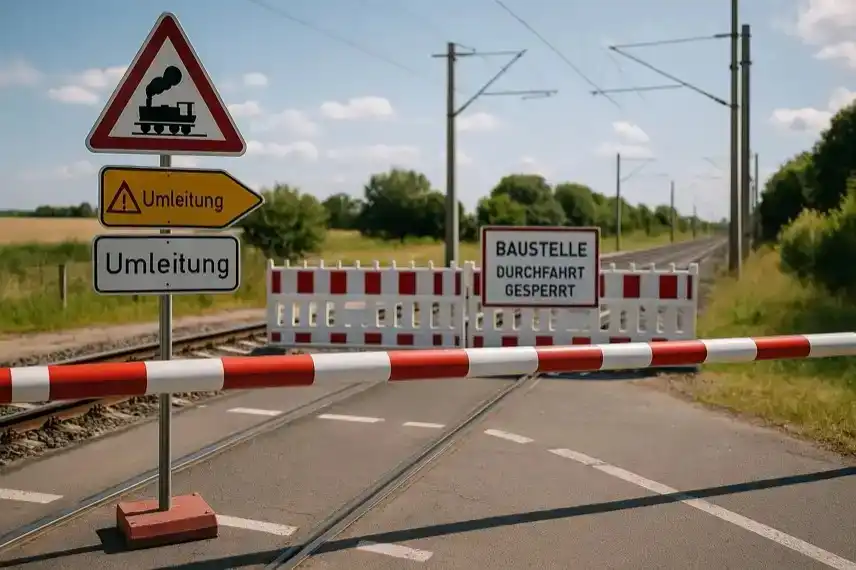 Fotorealistisches Symbolbild eines gesperrten Bahnübergangs mit Schranken, Warn- und Umleitungsschildern, Bahnstrecke im Hintergrund, helle Tageslichtstimmung.
