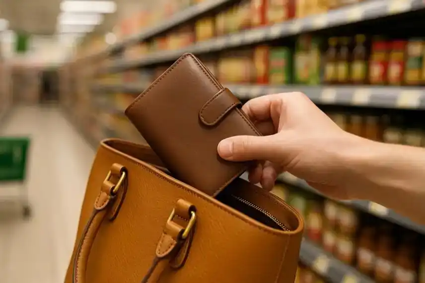 Hand legt braunes Portemonnaie in eine offene gelbe Handtasche im Supermarktgang, unscharfer Hintergrund mit Regalen und Einkaufswagen.