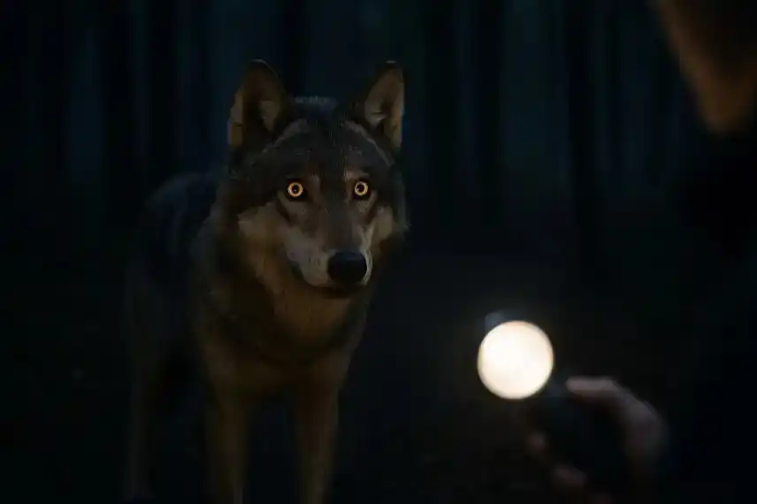 Ein nachgestelltes Symbolbild zeigt einen Wolf im dunklen Wald, beleuchtet von einer Taschenlampe, mit leuchtenden Augen im Vordergrund.
