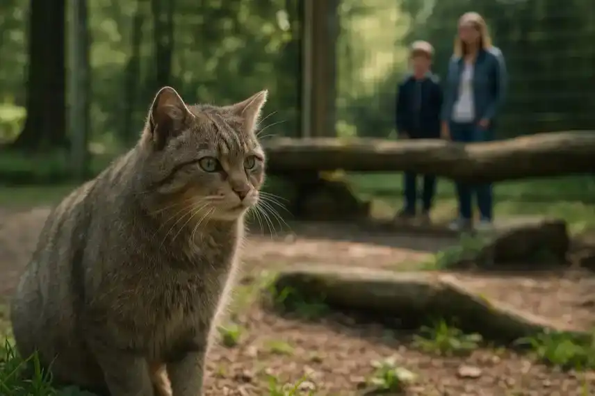 Fotorealistisches Symbolbild einer Wildkatze in einem Gehege mit unscharfem Hintergrund aus Bäumen und Holzstrukturen.