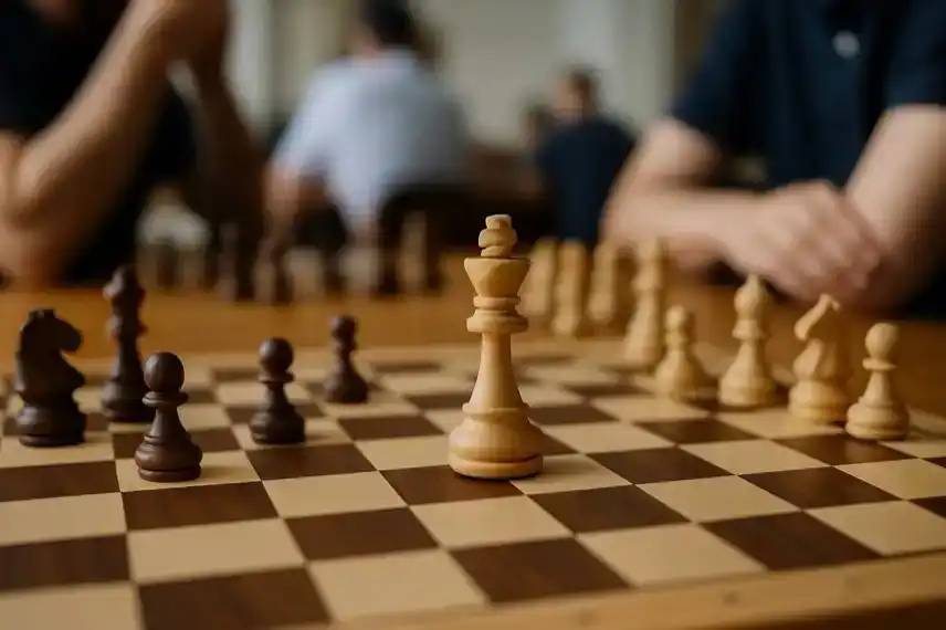 Nahaufnahme eines Schachbretts mit einer weißen Königfigur im Vordergrund und unscharfen Spielern im Hintergrund.