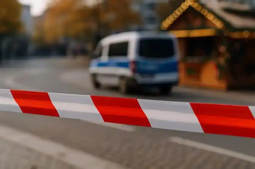 Rotes und weißes Absperrband vor einem Polizeifahrzeug und einem Weihnachtsmarkt im Hintergrund.