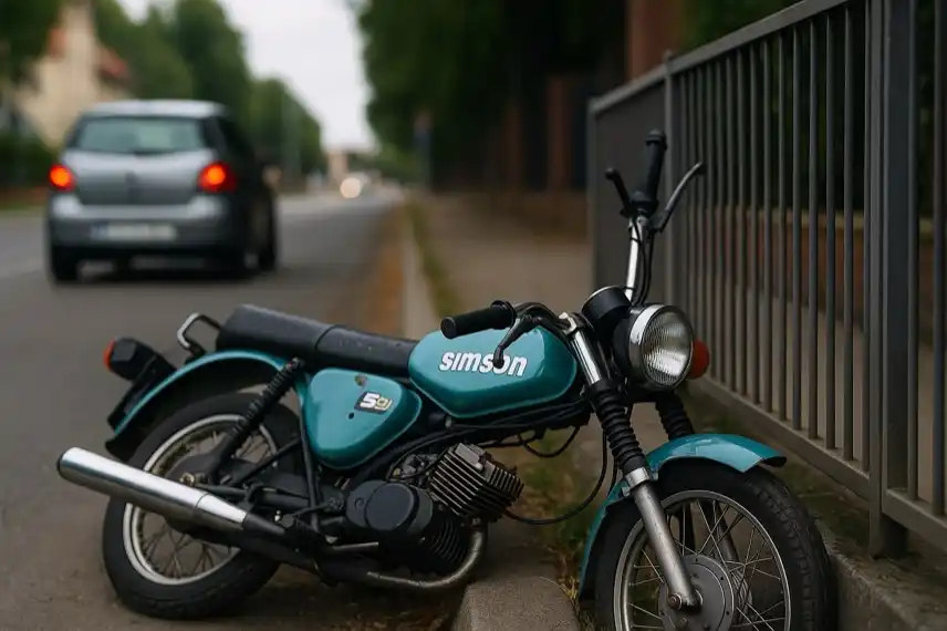 Umgekipptes türkisfarbenes Moped neben einem Zaun auf einer Landstraße, im Hintergrund ein vorbeifahrendes Auto.