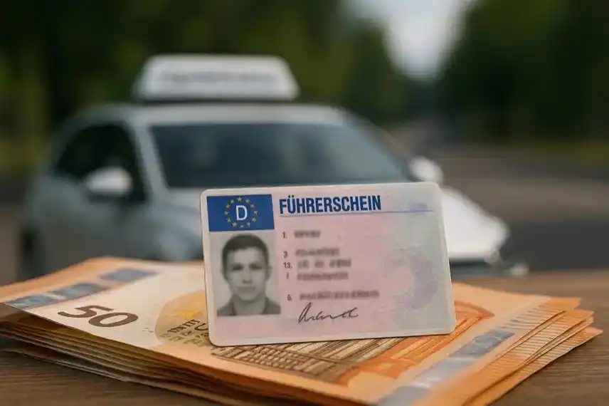 Nahaufnahme eines deutschen Führerscheins auf 50-Euro-Scheinen mit unscharfem Fahrschulauto im Hintergrund.